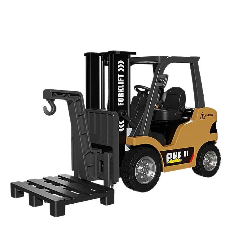 1:64 scale die-cast alloy Bluetooth remote-control forklift model with accessories on a table