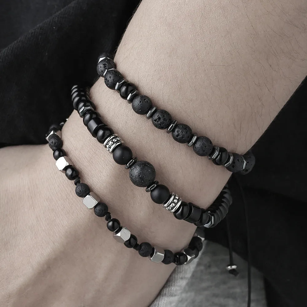 Hand-woven volcanic stone bracelet set of 3 with 18mm geometric beads in frosted finish, colours ZJ13132 and ZJ14266