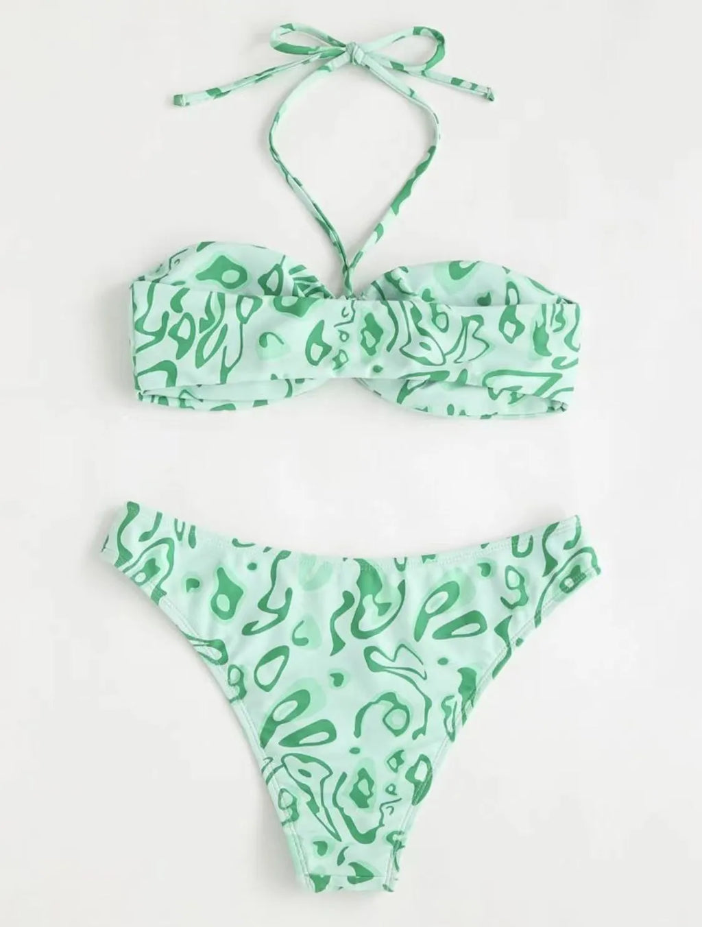 Green floral bandeau bikini swimsuit with backless design and split-style briefs