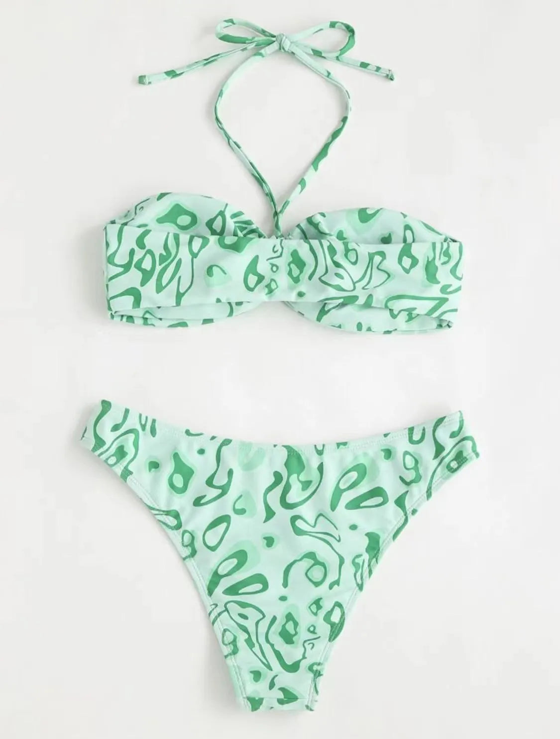 Green floral bandeau bikini swimsuit with backless design and split-style briefs