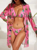 Women's floral print swimsuit three-piece set with mesh blouse in multiple colour options