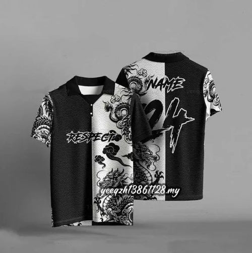 Black loose fit t-shirt with 3D digital printing design, short sleeves, available in sizes S through 6XL