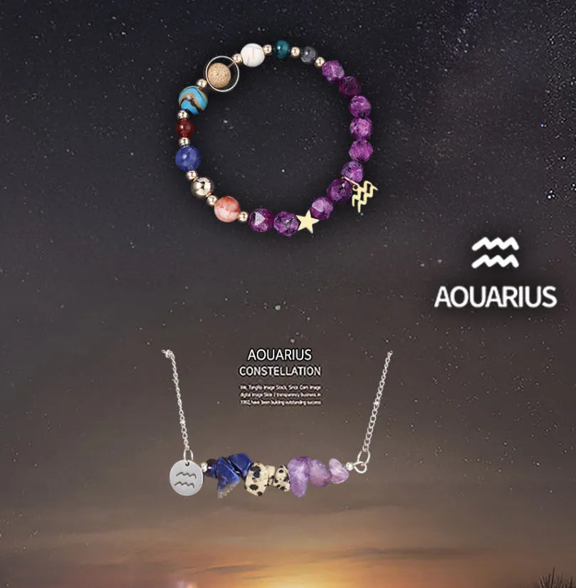 Natural stone zodiac necklace and bracelet set with twelve sign options, supplied as one bracelet and one necklace
