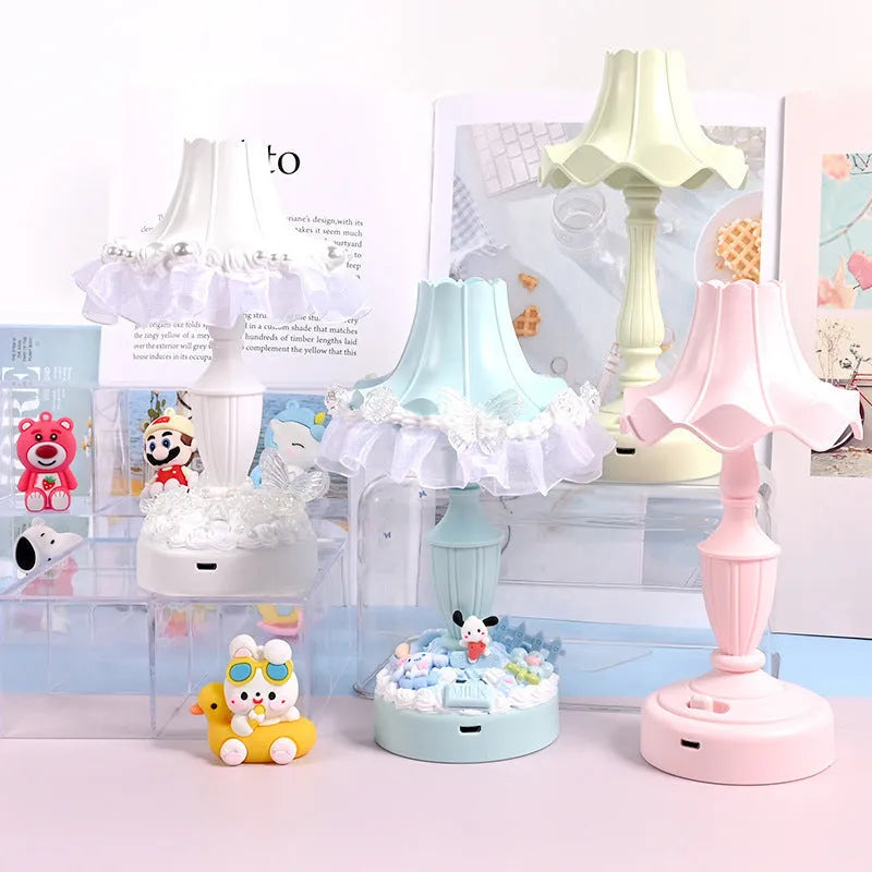 Cream retro simple DIY table lamp with pink or white flowers, lead-acid battery and USB cable
