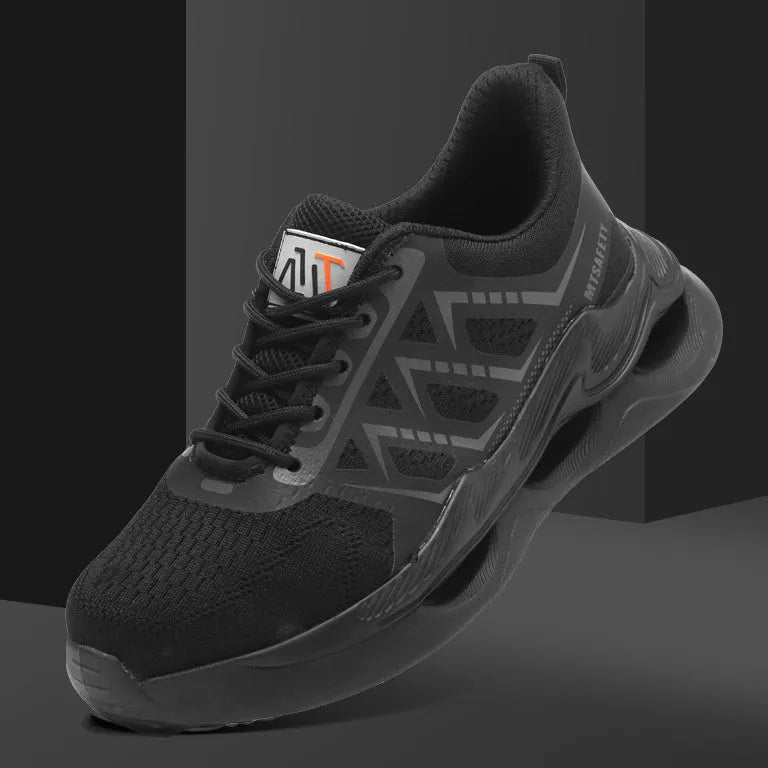 Black low-top safety shoes with a flat knitted upper, steel toe cap, and lace-up front.
