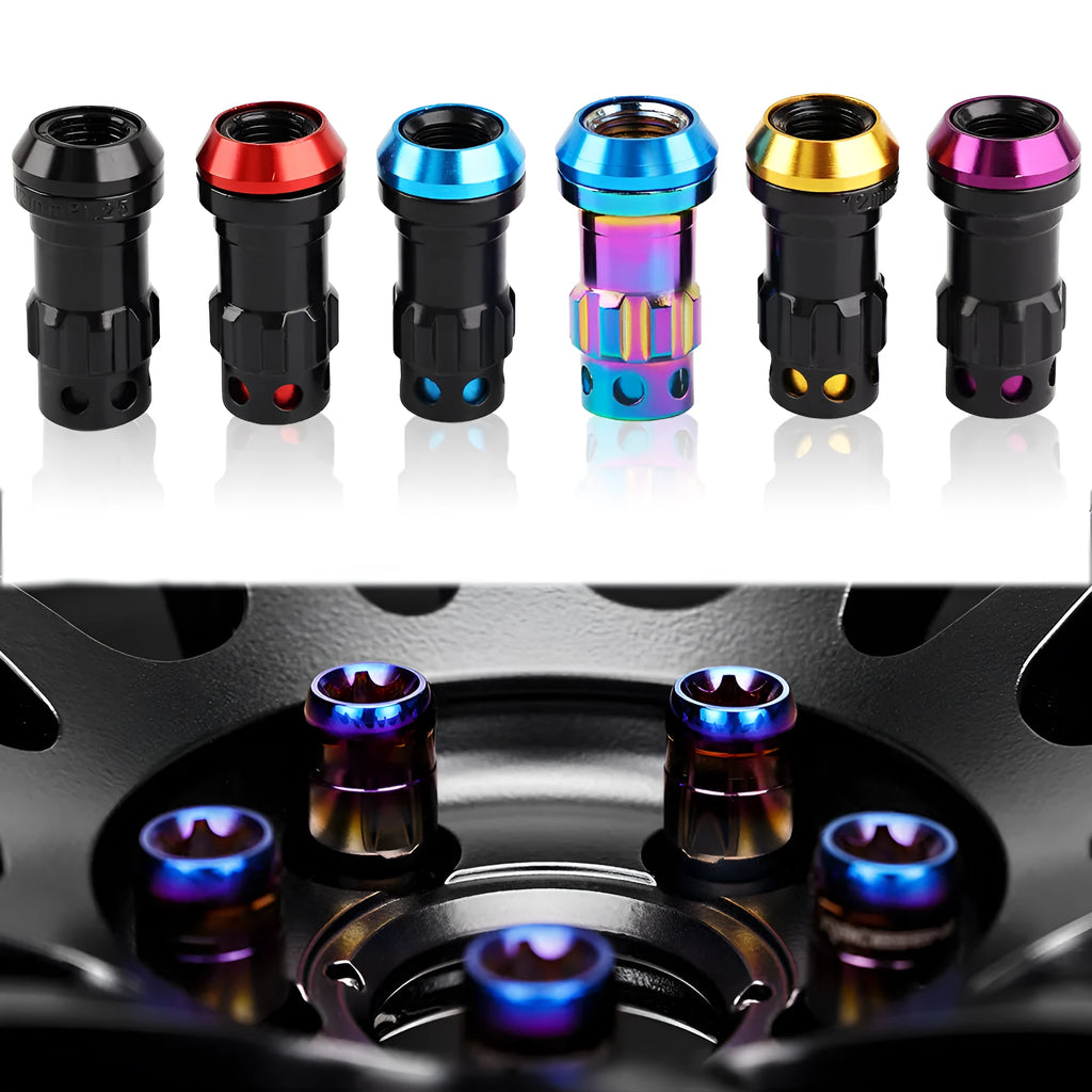 Forged aluminium wheel hub nuts in multiple colours with M12 thread for universal vehicle fitment