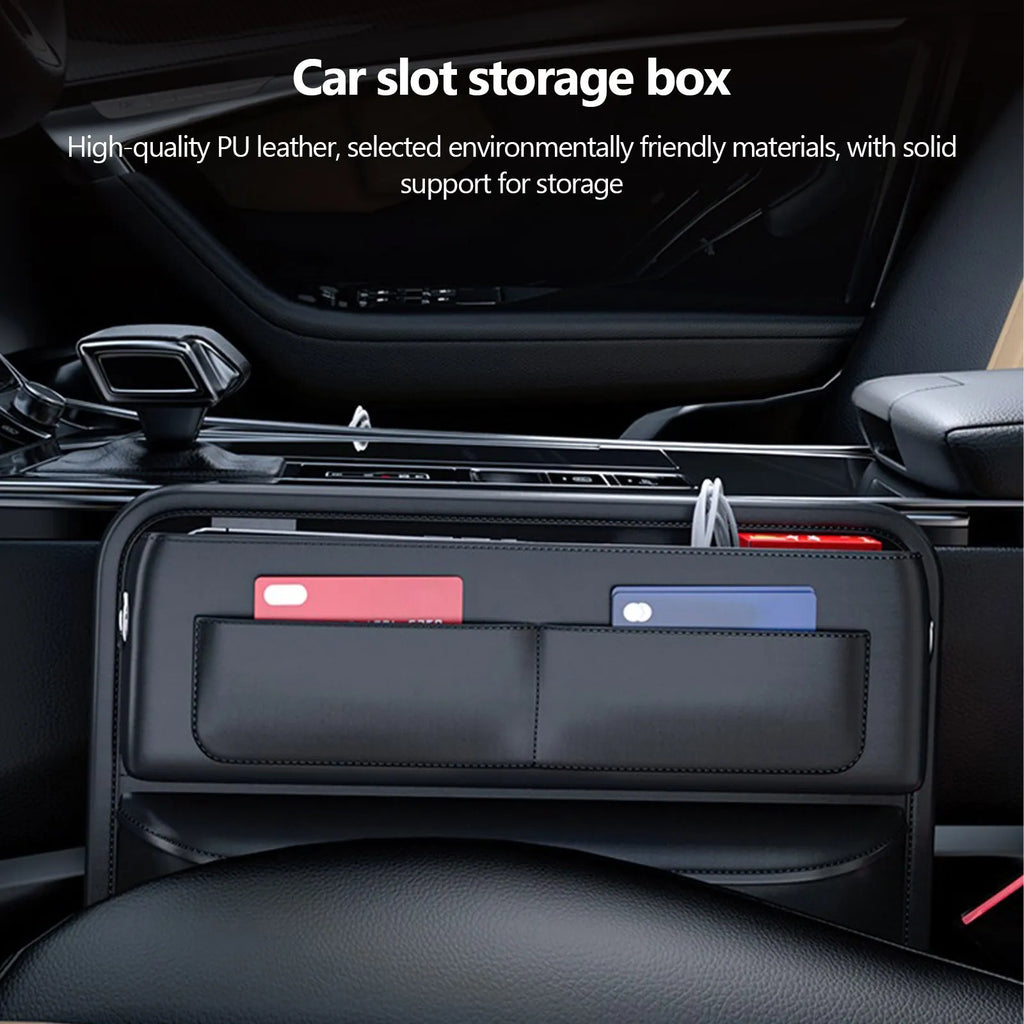 Black PU leather car seat gap storage box with sponge filling, filling seat gap, cable hole for charging, universal fit.
