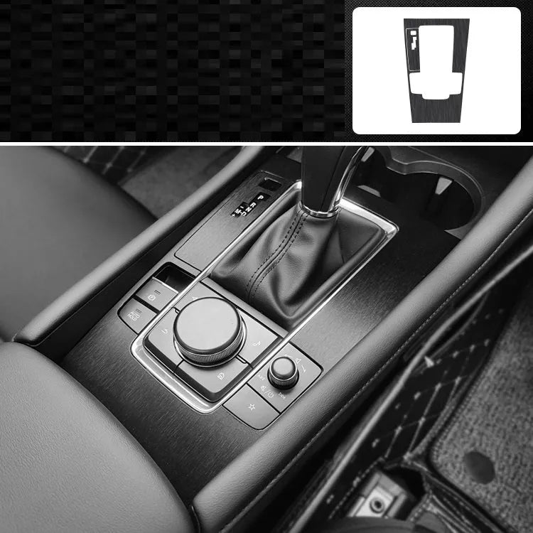 Car interior decorative film sticker kit showing pre-cut pieces for centre console and trim modification