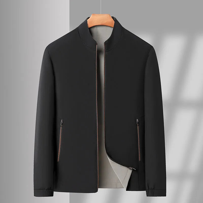 Men's double-sided stand collar windproof jacket in polyester, loose fit, available in black, navy, khaki and red, sizes M-4XL.