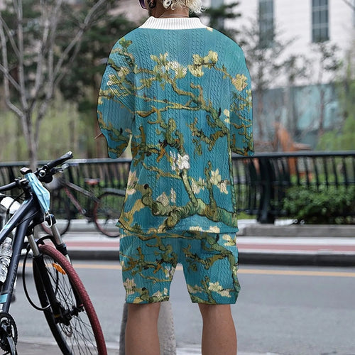 Men's peacock blue 3D printed knitted shorts suit with T-shirt and mid-length trousers