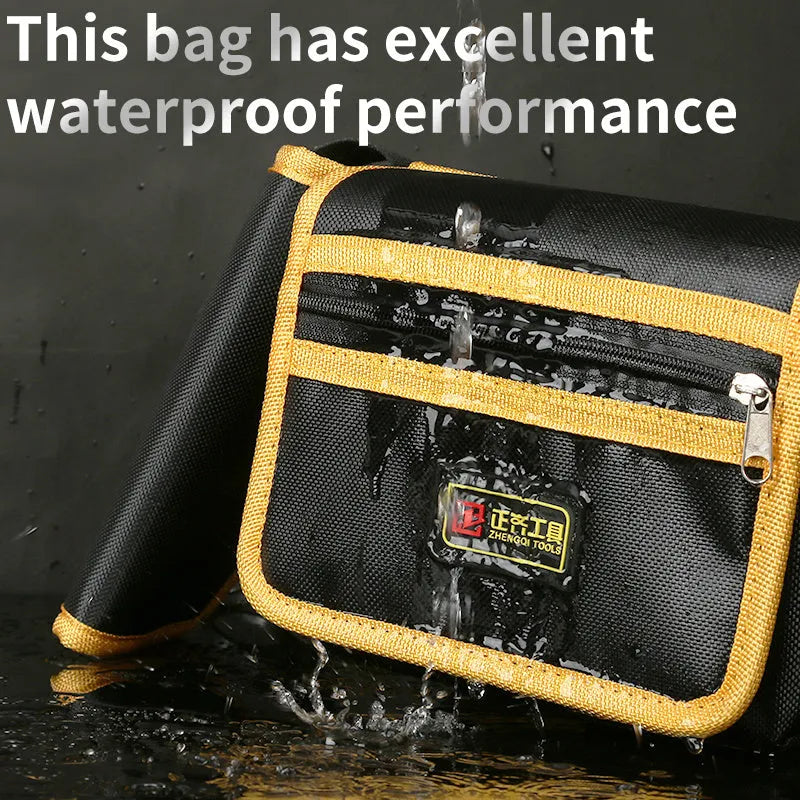 Yellow canvas electrician tool waist bag with belt attachment for portable tool storage and repair tasks