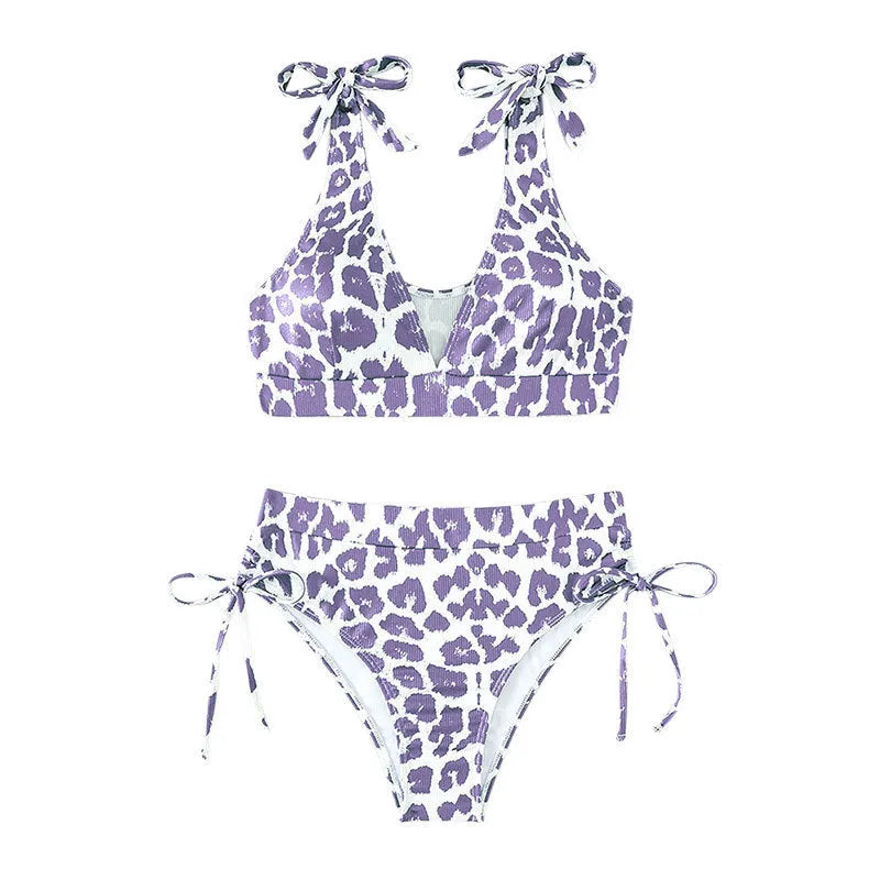 Women's purple leopard print sleeveless suit with lace-up chest detail and high-waist shorts