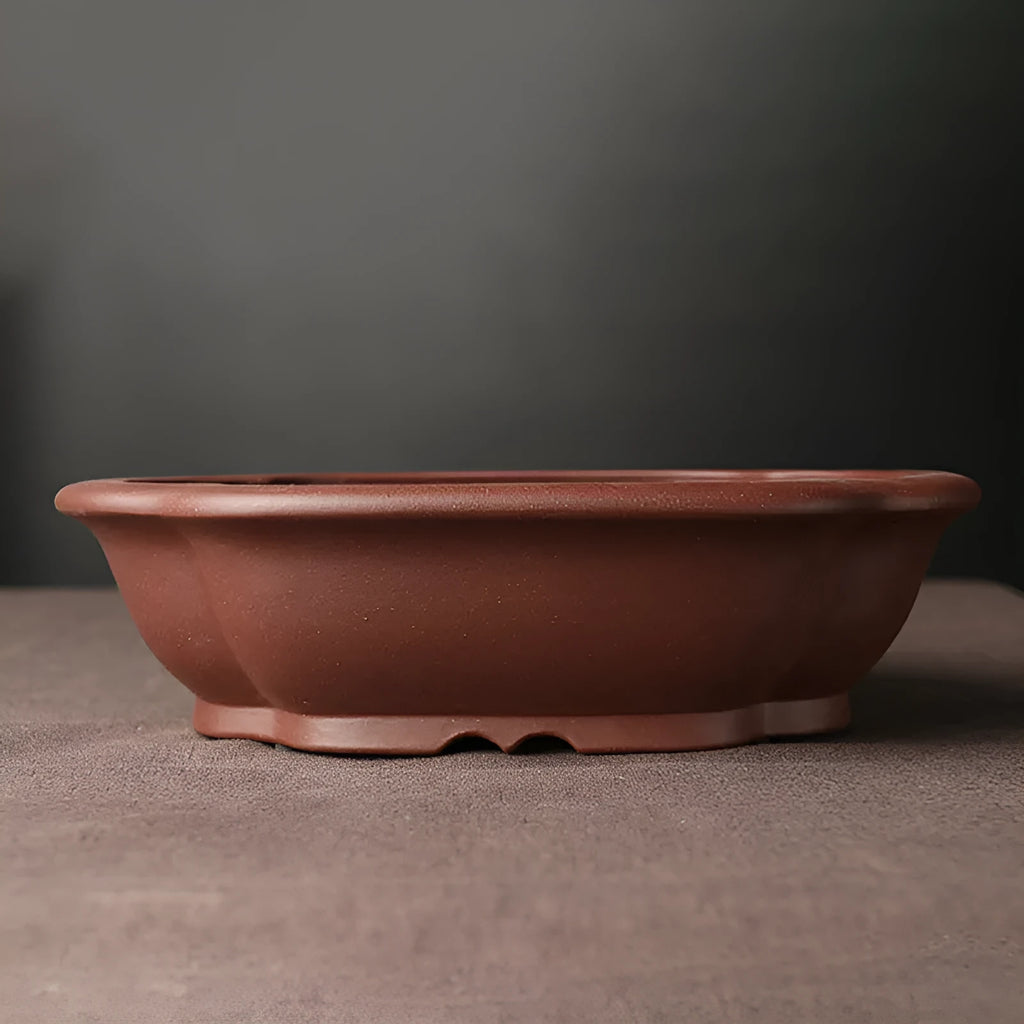 Handmade purple clay ceramic bonsai basin with classical Chinese styling showing dimensions