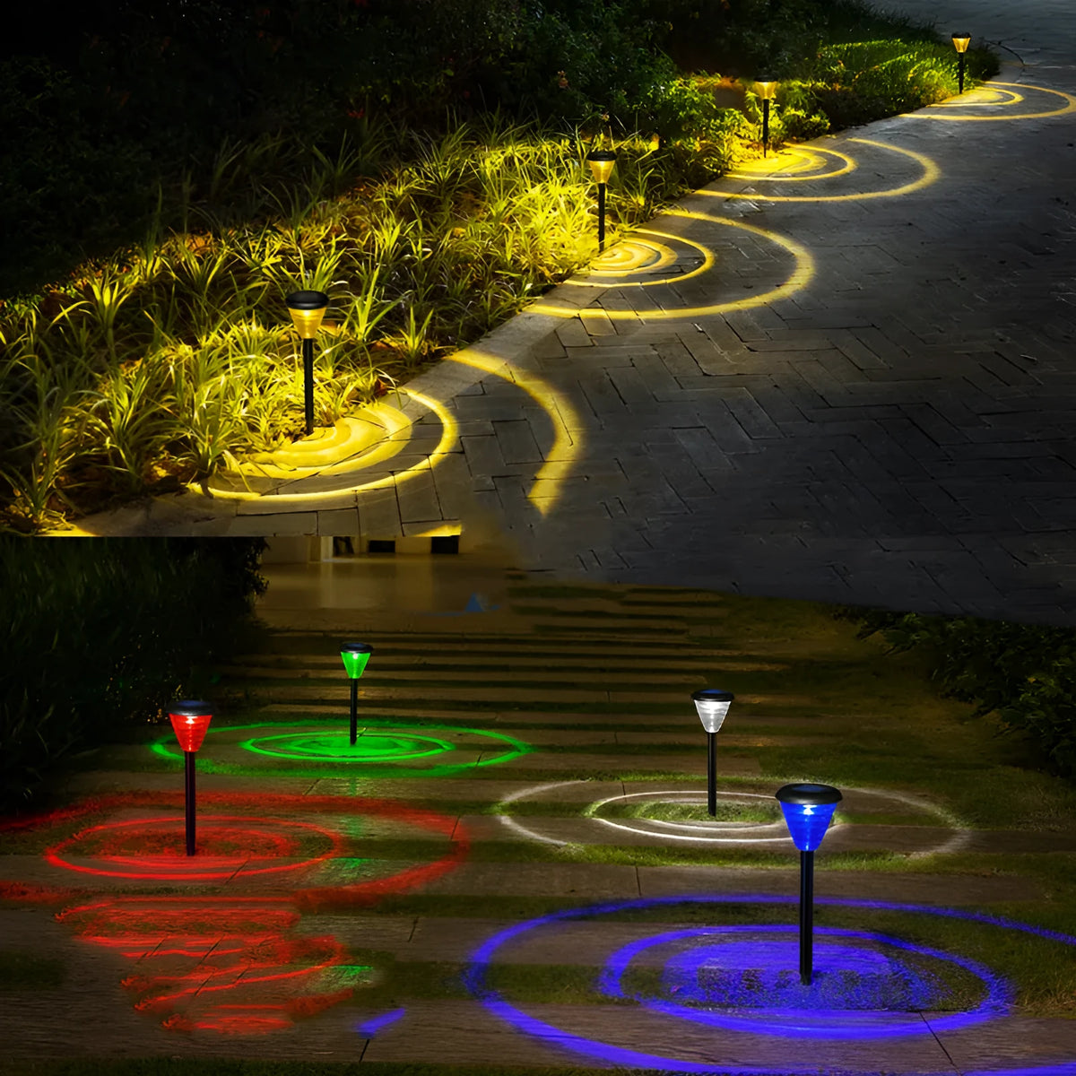 Black solar pathway light with stake, 2 LEDs, IP67 waterproof body, warm white and colour-changing modes for garden yard lawn