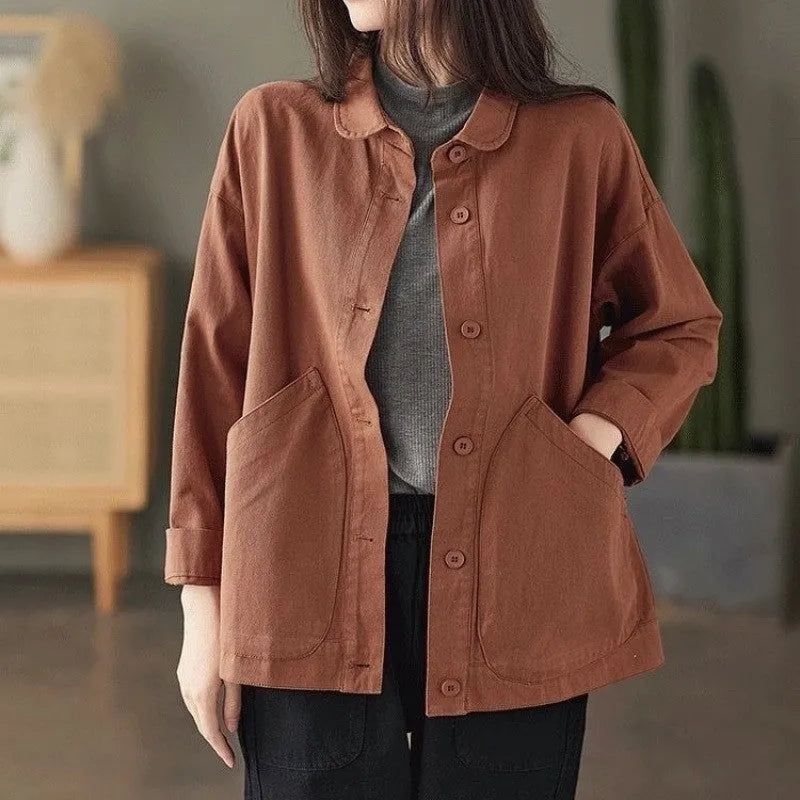 Retro twill cotton loose casual top with large pocket for women in khaki