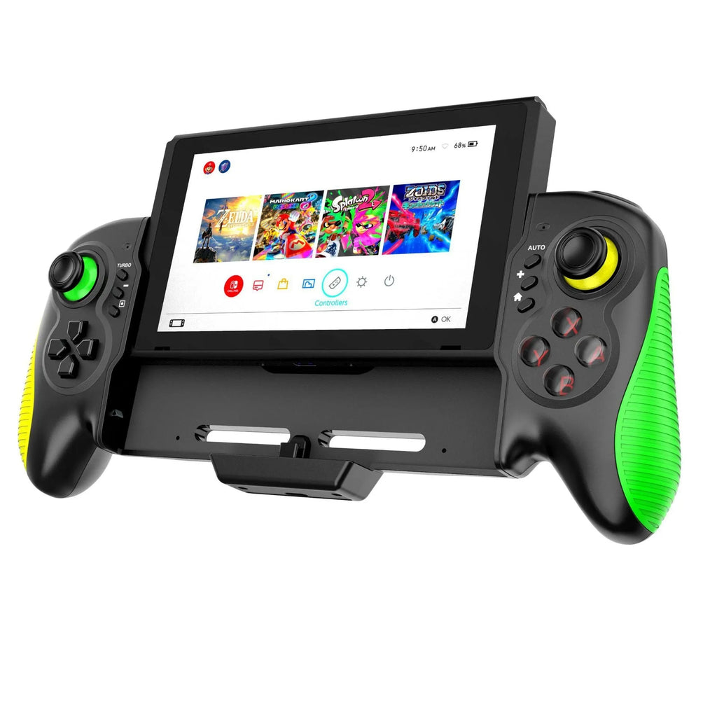 Yellow-green game controller with in-line handle design and somatosensory burst function