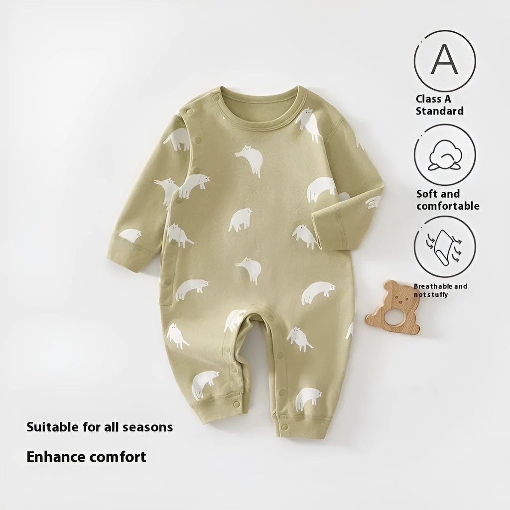 Pure cotton baby jumpsuit long sleeve boneless neutral unisex in apricot cat colour, 66cm to 90cm.