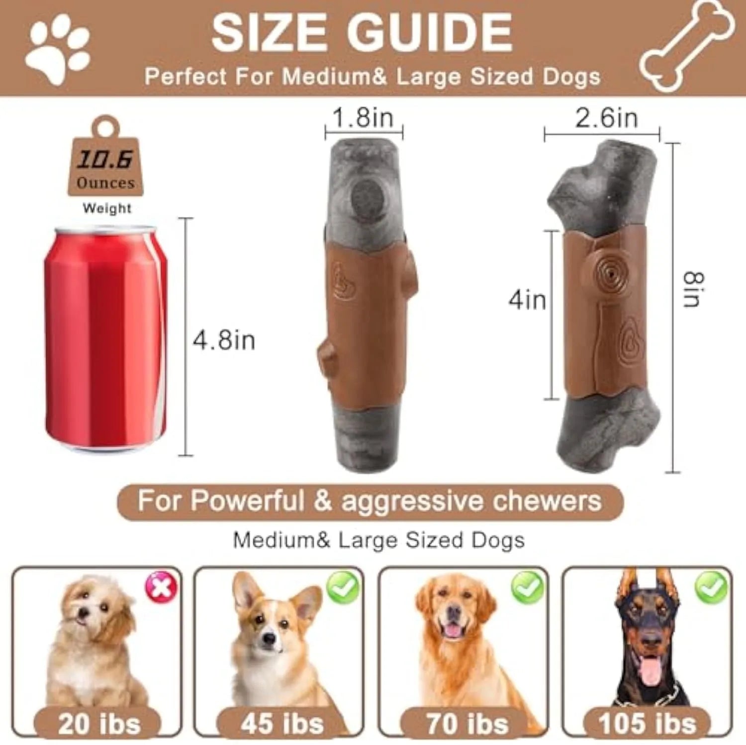 Large branch-shaped dog chew toy made from food-grade nylon with bacon flavour and squeaker