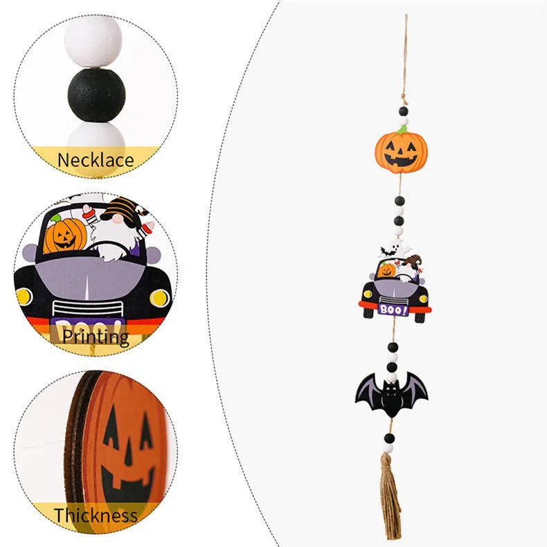 Resin Halloween pendant string with BOO ghost design hanging on a wall
