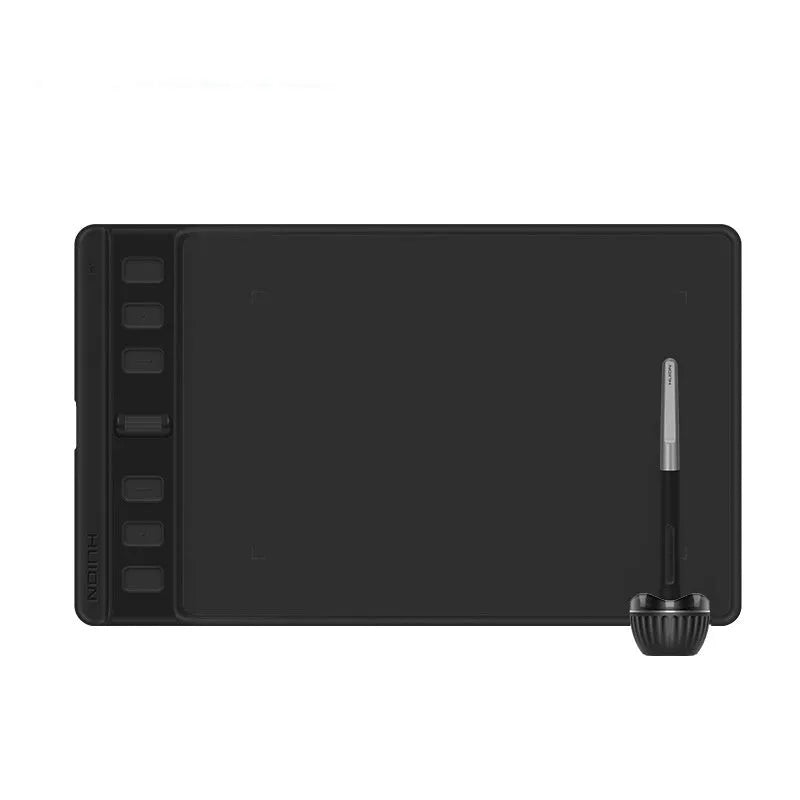 Hua Wang H641P black digital drawing tablet with PW110 pen showing dual work areas for mobile and computer use