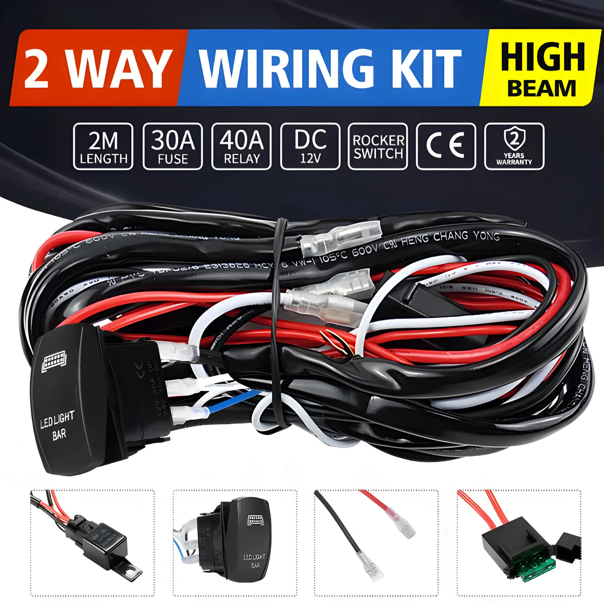 Black off road LED spotlight cable set with 2 metre wire harness and integrated light bar switch