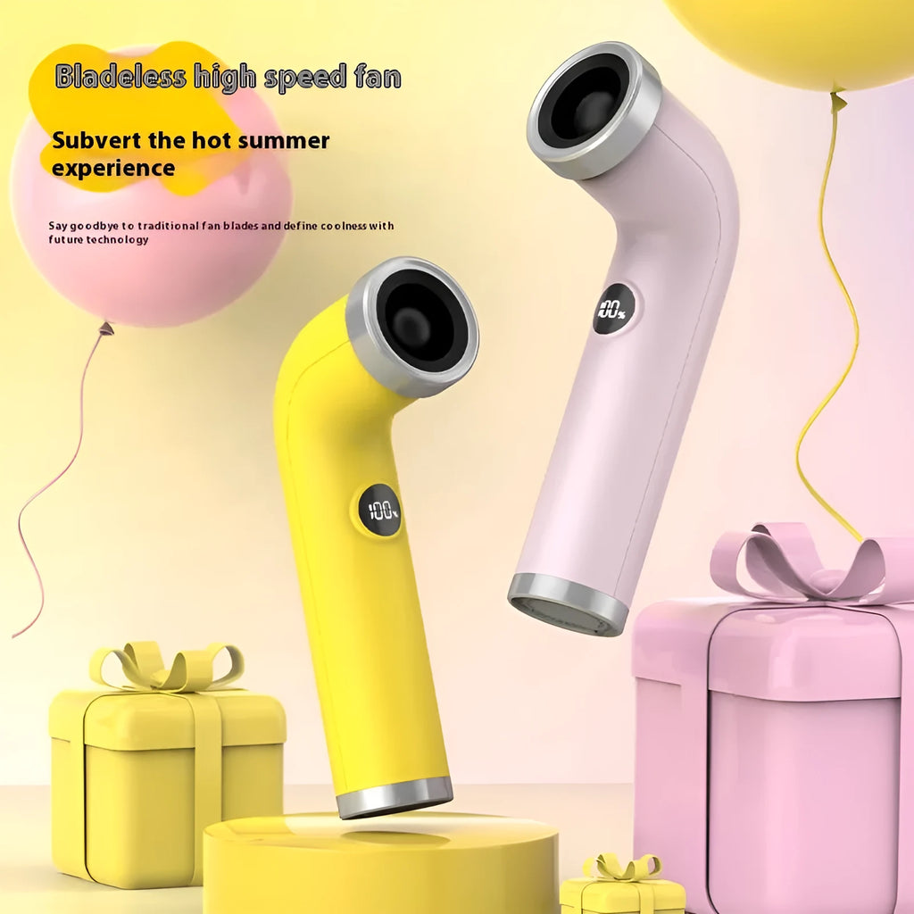 Bladeless portable fan in apricot colour with lithium battery and power cord