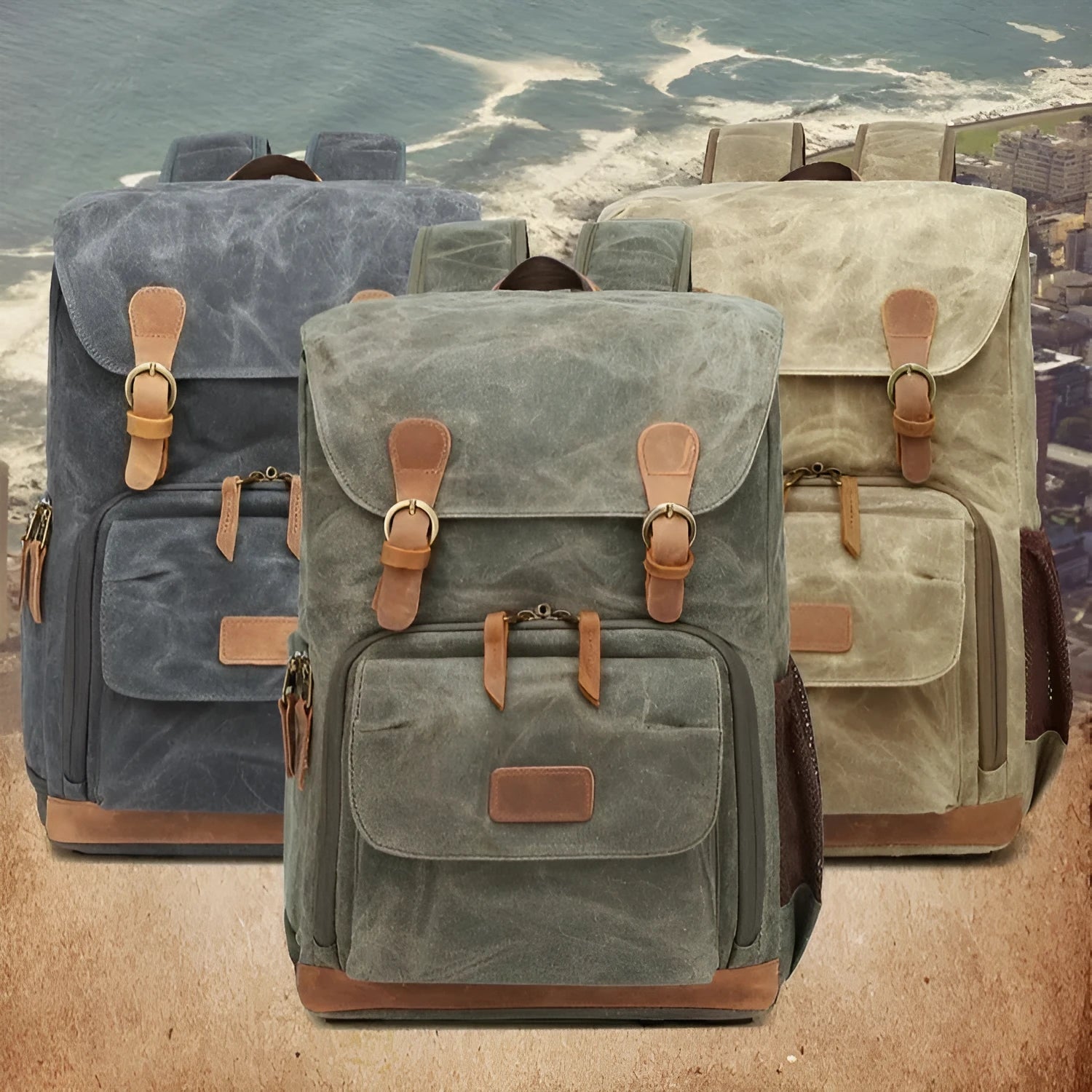Canvas DSLR camera backpack in khaki colour with waterproof anti-theft features