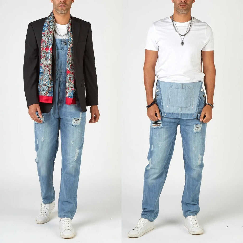 Men's light blue ripped suspender trousers with button-fastened straight legs and high-waist design