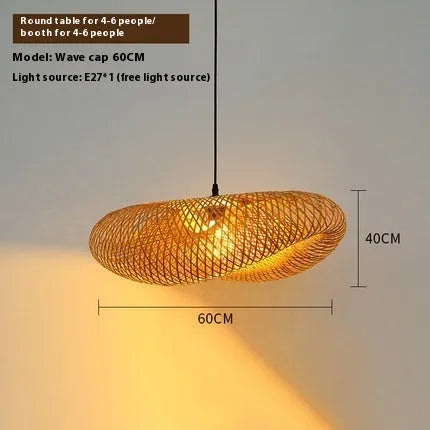 Bamboo woven hanging lamp with straw hat shape in natural material showing texture details