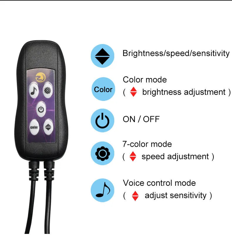 Car interior LED atmosphere light strips installed along dashboard and centre console with colour-changing illumination