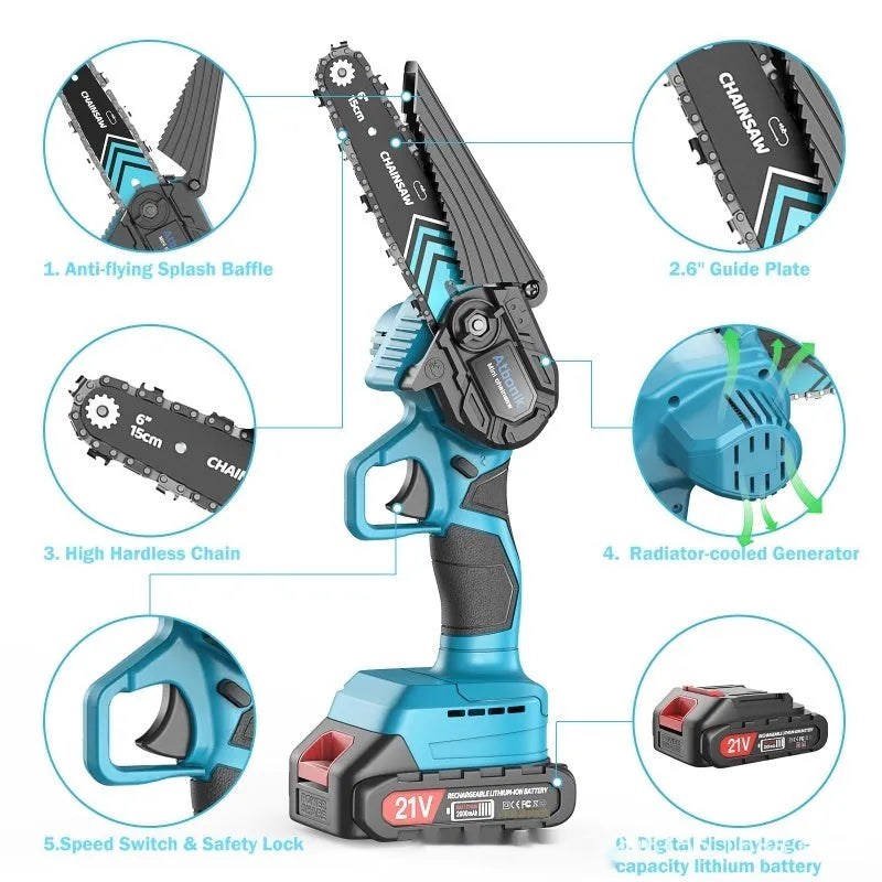 6-inch hand held wireless rechargeable lithium electric chainsaw kit with two batteries and storage box