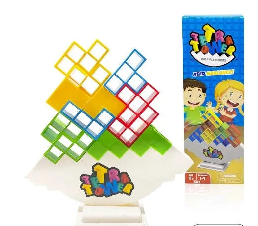 Plastic balance stacking game with 16 colourful blocks and chassis for family play