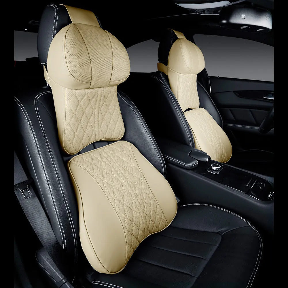 Car neck and lumbar support pillow set with wave pattern embroidery in five colour options