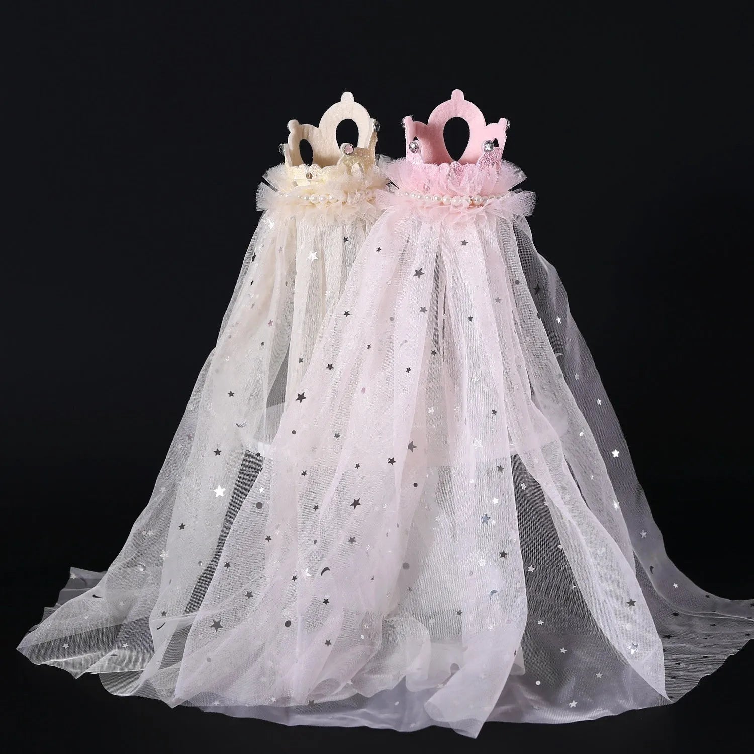 Beige and pink pet crown headdress with veil for cats at weddings and birthdays