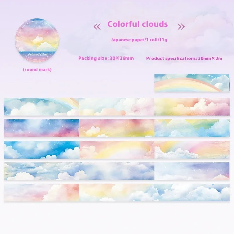 Roll of Japanese paper washi tape with colourful sky cloud patterns, showing 30mm width