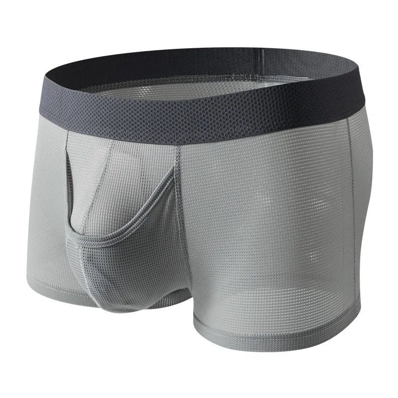 Men's black Ice Silk mesh boxer shorts laid flat, showing low-rise waistband and breathable fabric texture.