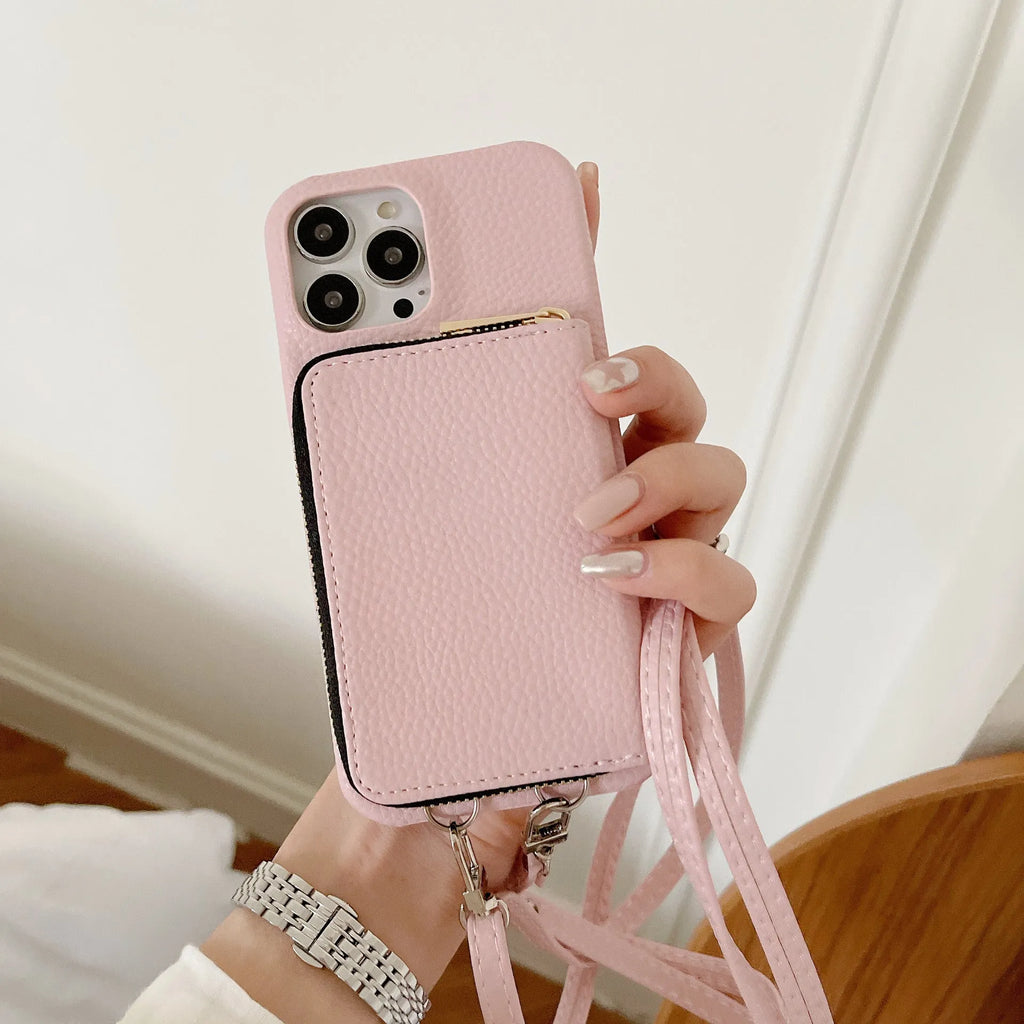 Lychee pattern leather phone case with zipper card holder and lanyard in black colour for iPhone