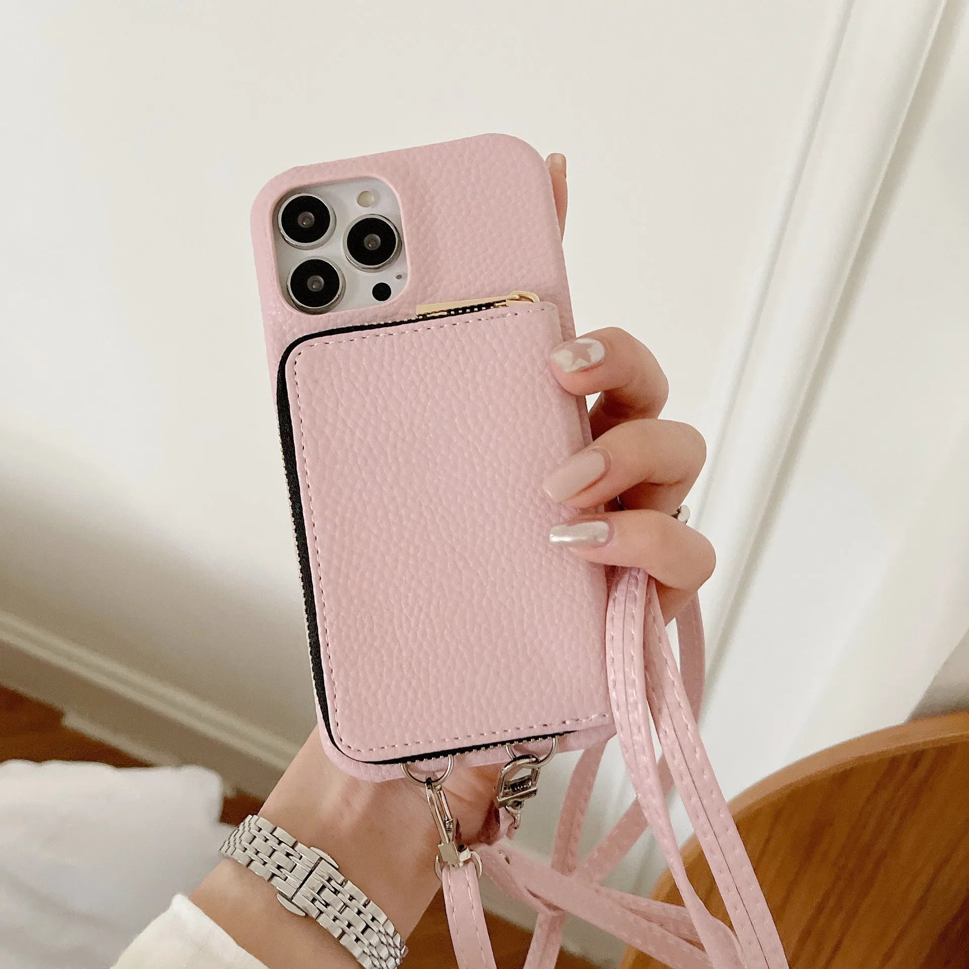 Lychee pattern leather phone case with zipper card holder and lanyard in black colour for iPhone