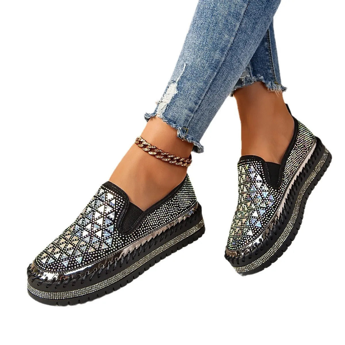 Suede casual sneakers with rhinestone decoration and thick rubber sole in beige colour