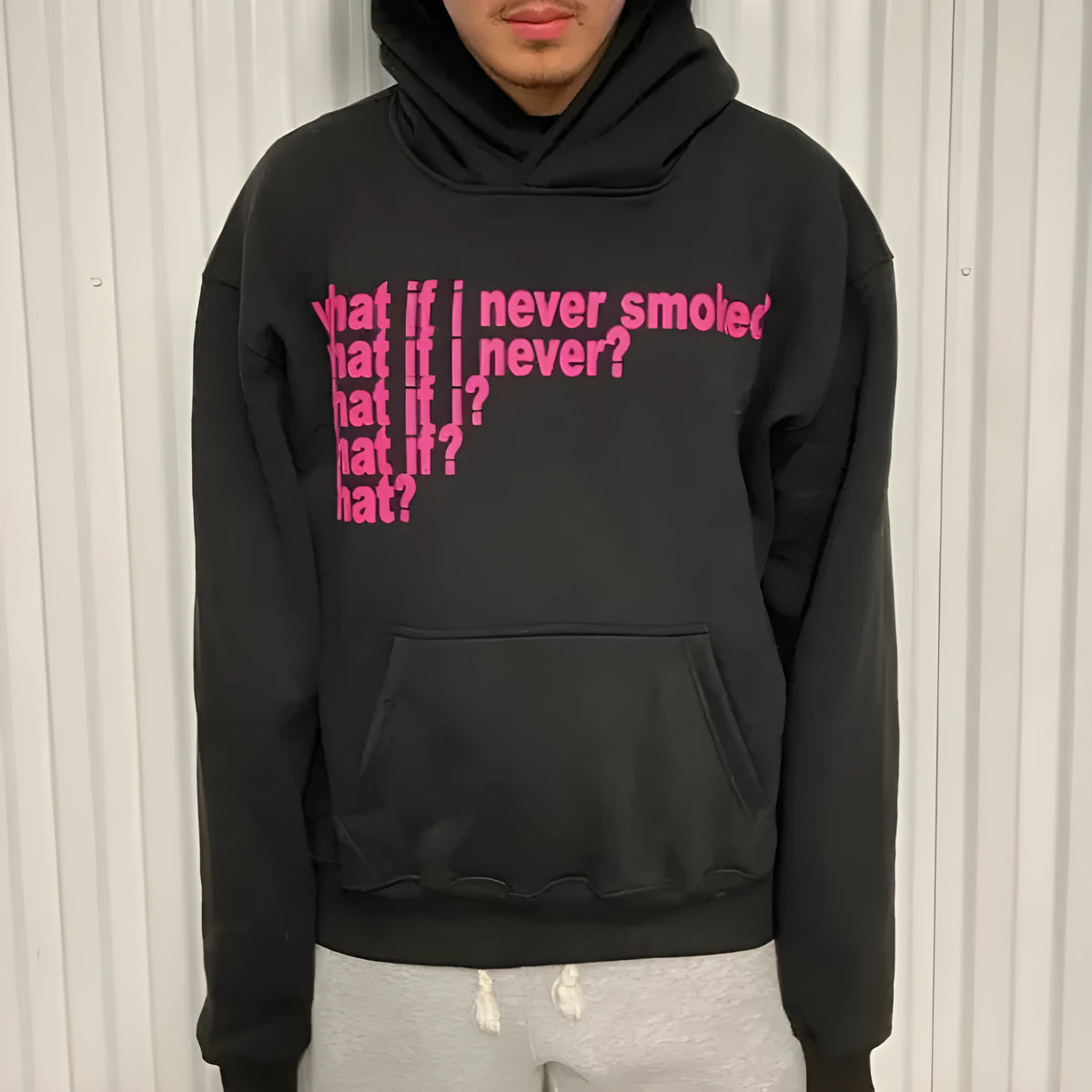 Black hooded sweater with white letter print graphic design on front