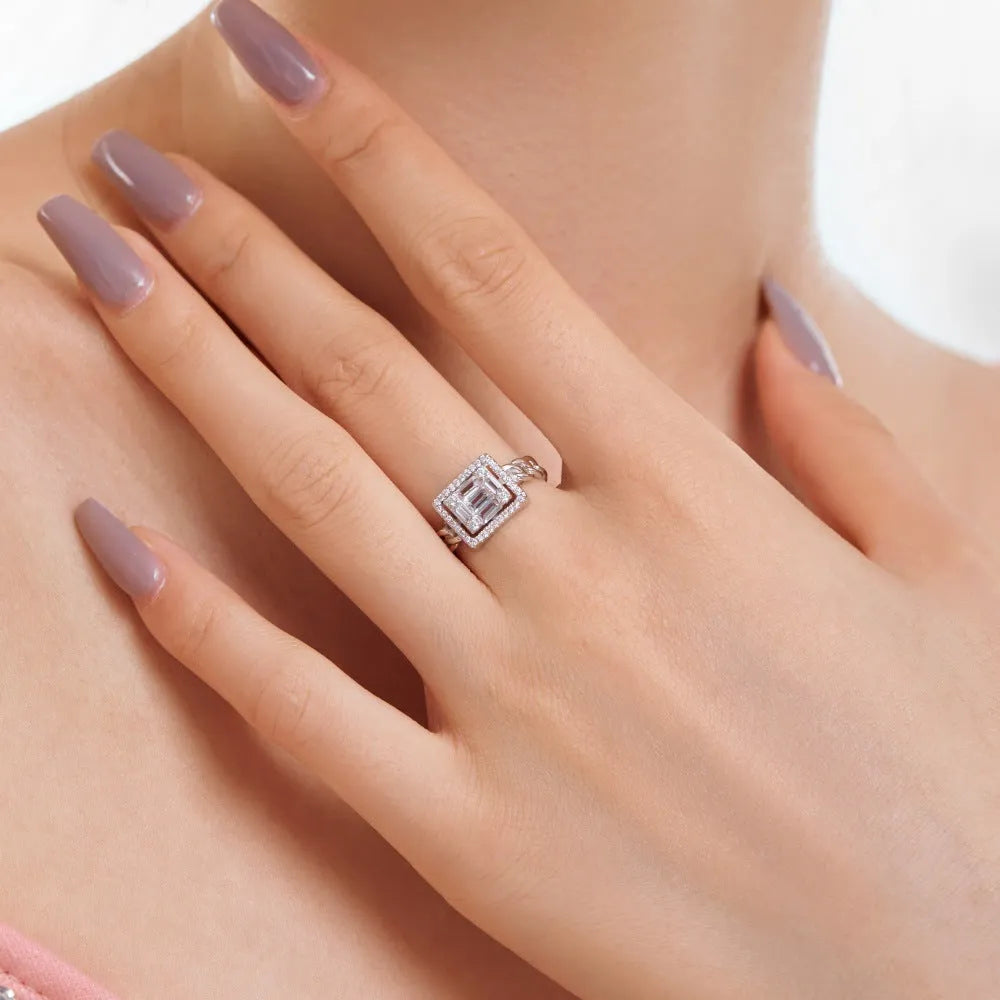 S925 sterling silver open ring for women with full diamond inlay and belt chain design in platinum white diamond finish