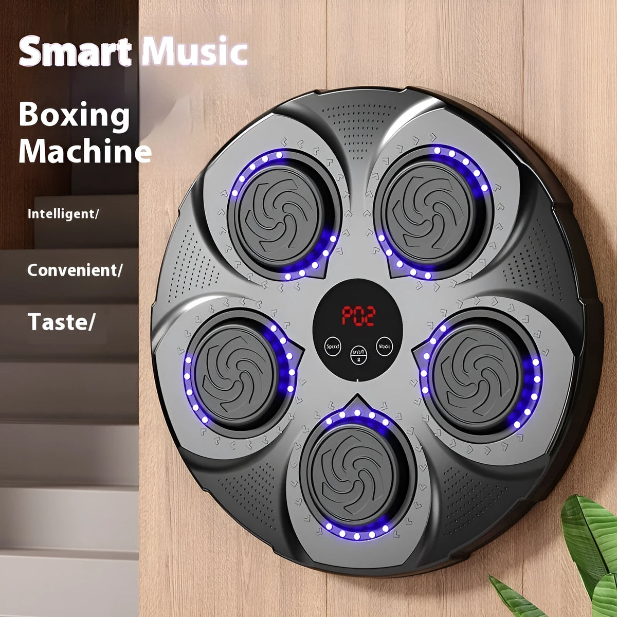 Smart music boxing machine with LED lights and PU target mounted on a home wall
