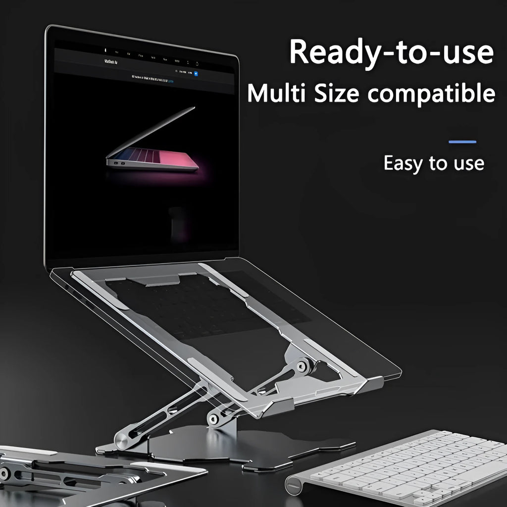 Grey aluminium adjustable laptop stand in folded and open positions, showing hollow design