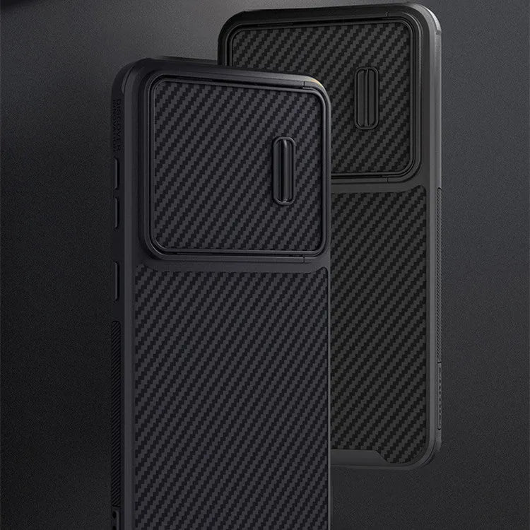 Black Samsung S23 Ultra phone case with a flip-up lens cover protecting the rear cameras.