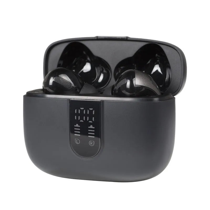Jerry X08 wireless in-ear headphones with digital display and USB charging case in black, grey, or white