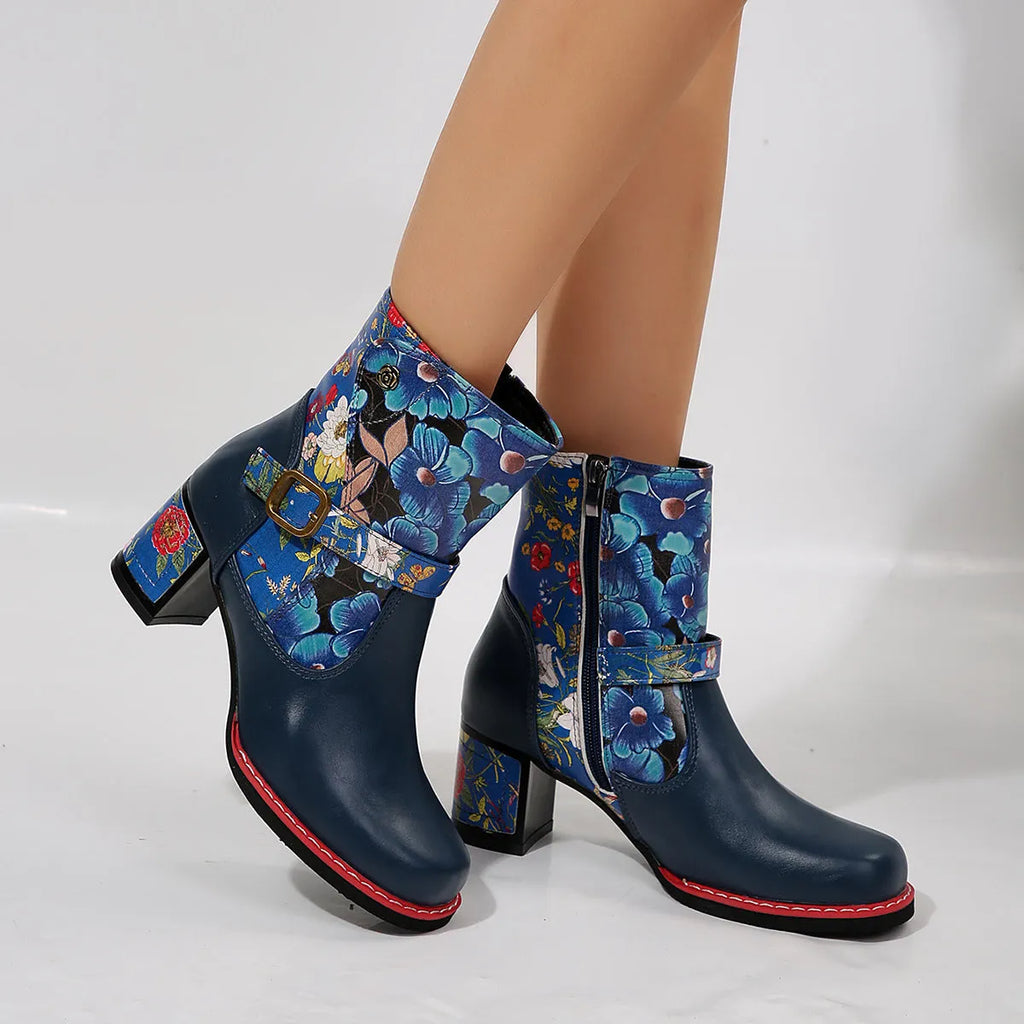 Women's printed stitching ankle booties with thick rubber sole and front lace-up, in purple or blue