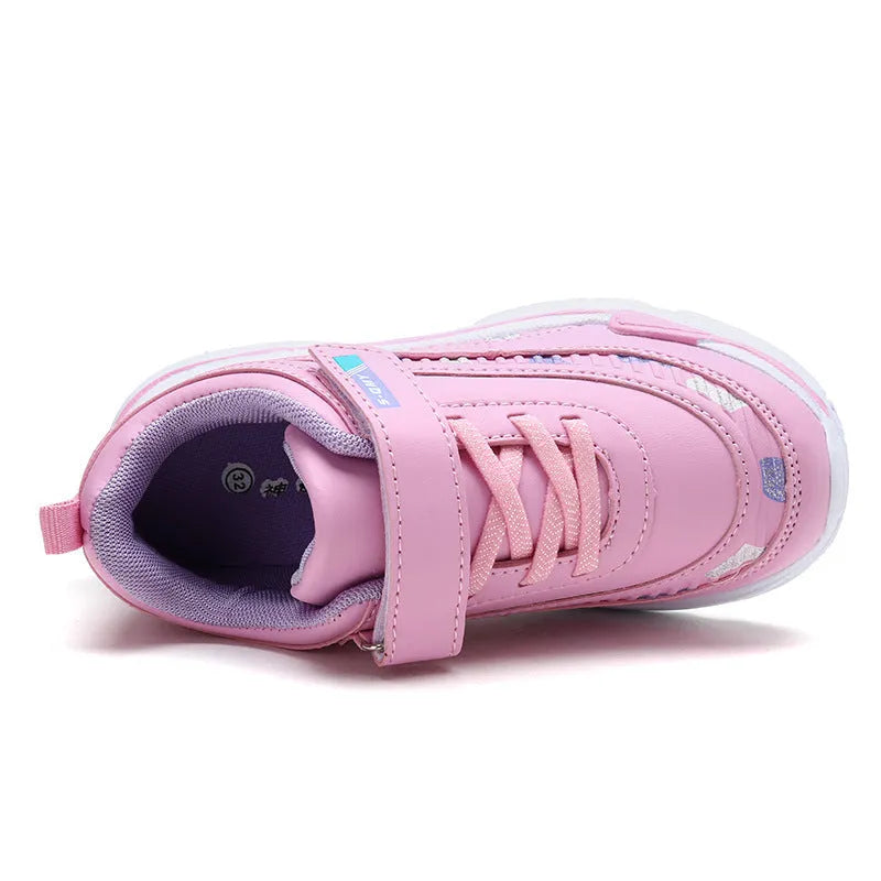 Kids soft sole sneakers in pink, purple, or black with faux leather upper, rubber sole, lace-up bandage design, mid heel 3-5cm, sizes 26-37