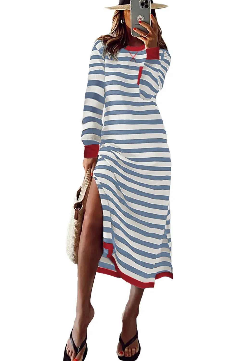Striped printed long sleeve dress with contrast edge, shown in Rose Stripe and Sky Blue Stripe, sizes S to XL