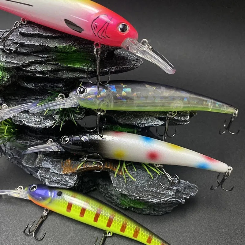 145mm deep diving long tongue plate floating minnow lure in colour options A through J for light sea water fishing