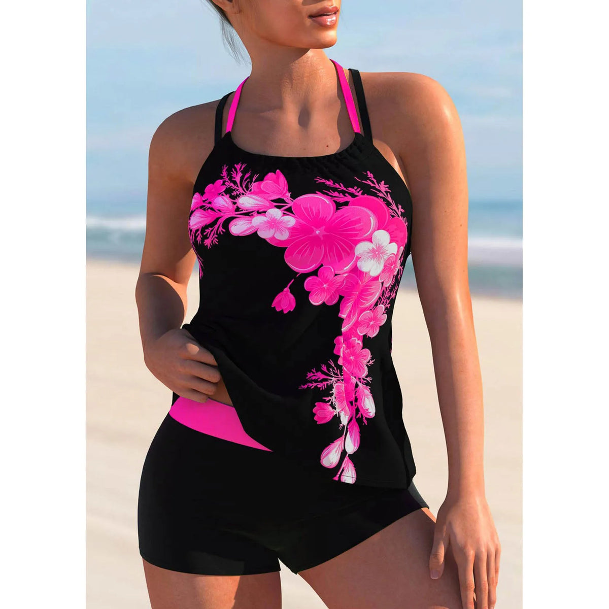 Plus size solid colour stitching bikini swimsuit in rose red, purple, orange or peacock blue, sizes S to 5XL, polyester sleeveless briefs style.